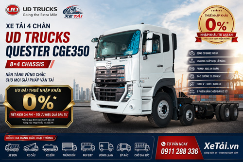 Xe tải 4 chân UD Trucks Quester 8×4 CGE350 Chassis | Giá ưu đãi, ABS, Bảo dưỡng 25.000 km